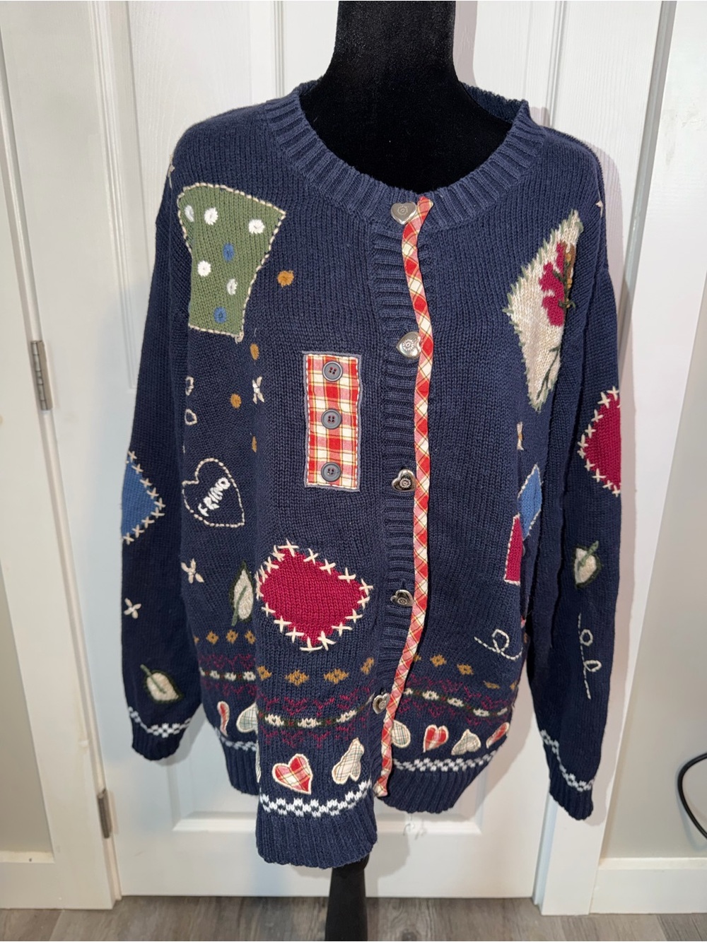 Vintage Quacker Factory 1X Patchwork Appliqué Cardigan Grandmacore Sweater